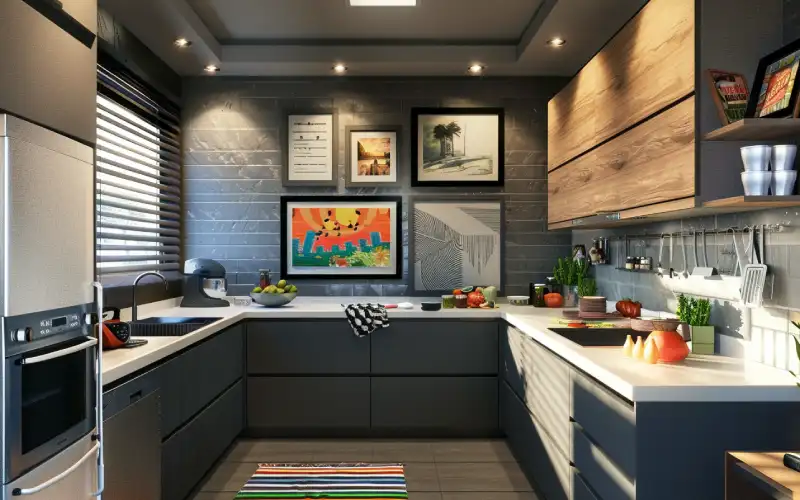 image d'une cuisine avec la décoration murale avec plusieurs cadres