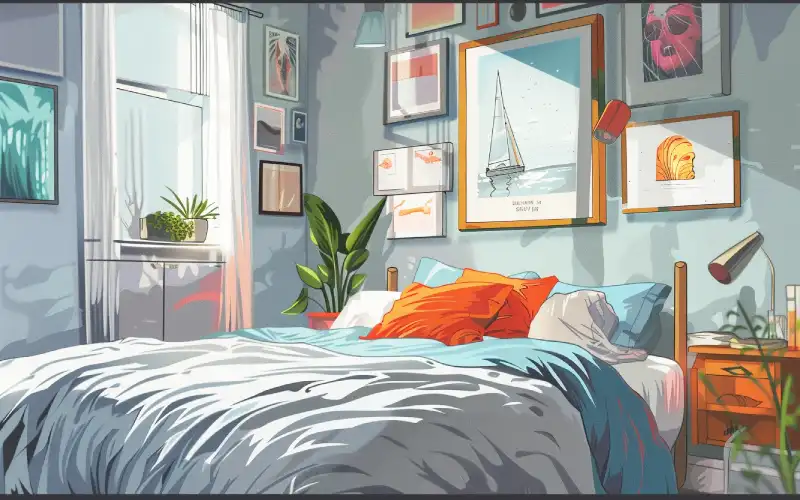 image d'une chambre avec une décoration murale avec plusieurs cadres derrière le lit